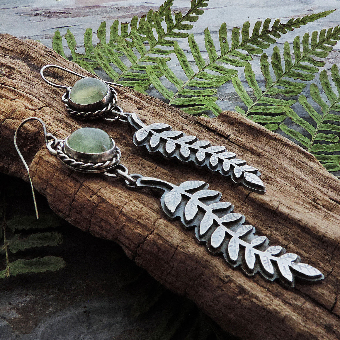 Fern Earrings with Green Prehnite Stone