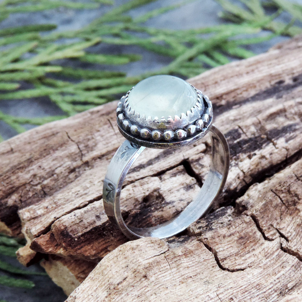 Round Green Prehnite Gemstone Ring - Size 7