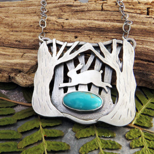 sterling silver rabbit in forest turquoise pendant
