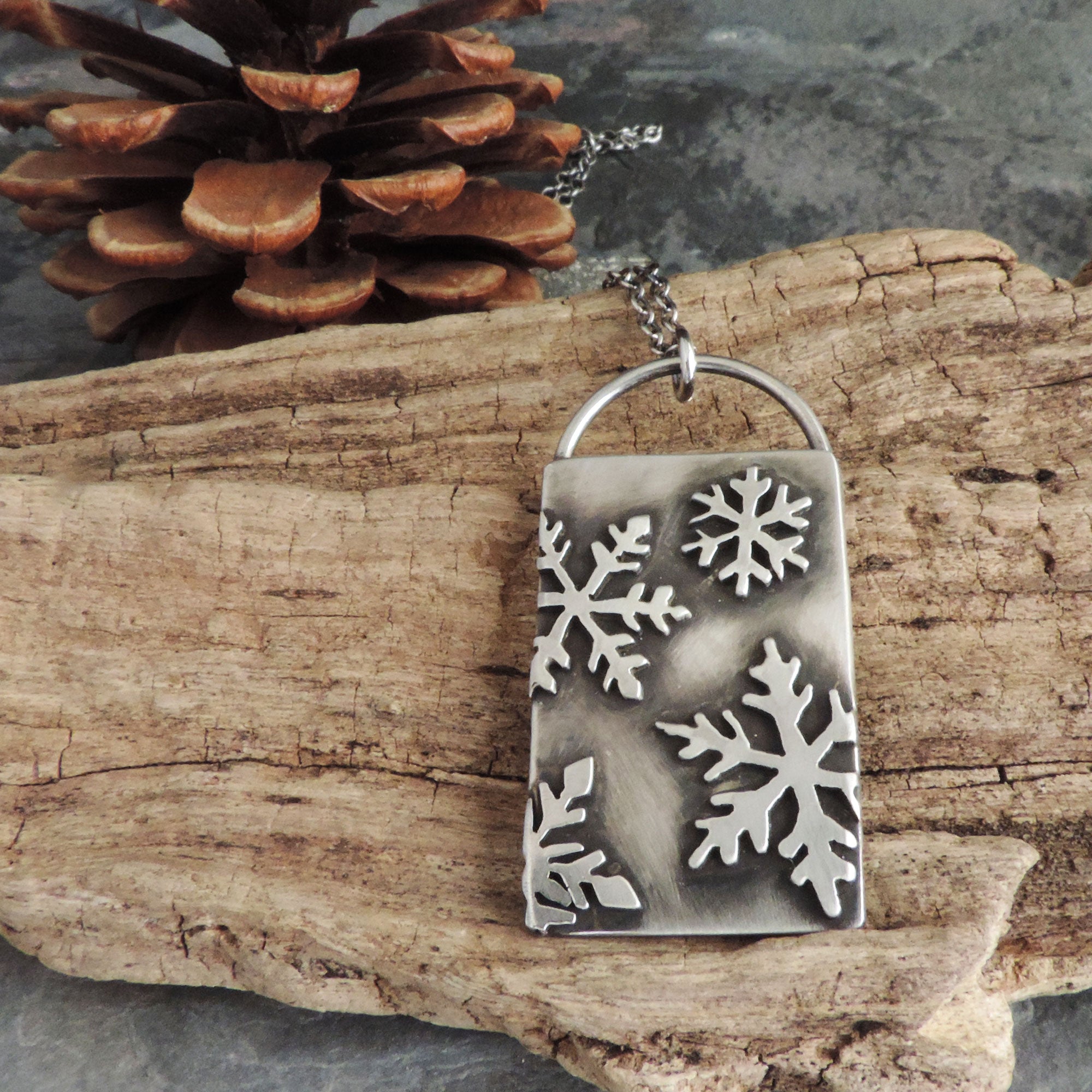 Sterling Silver Rectangle Snowflake Necklace - A Twist of Whimsy