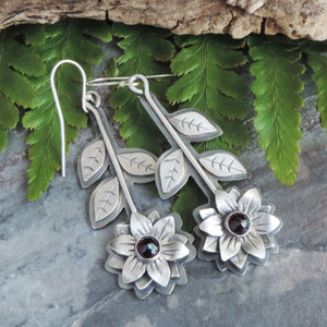 handmade flower earrings with red garnets