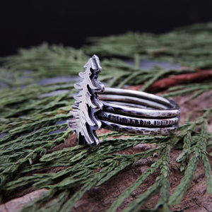 Sterling Silver Pine Tree Triple Band Ring - Size 8