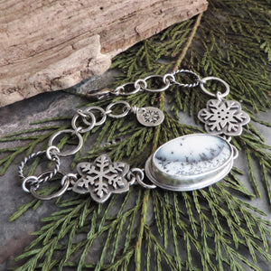 Dendritic Opal and Snowflakes Chain Link Bracelet