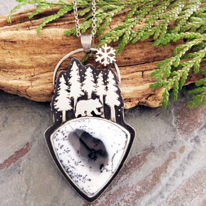Bear in the Snowy Forest Dendritic Opal Necklace