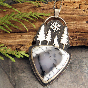Wolf Howling in the Snowy Forest Dendritic Opal Necklace