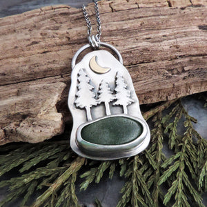 pine trees and moon sterling silver necklace