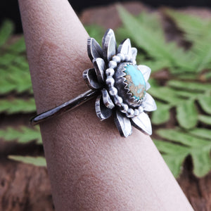 silver layered flower ring with turquoise stone