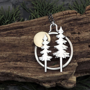 Two Majestic Pines Under a Full Moon Necklace