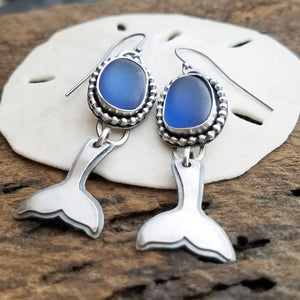 whales tail steel blue sea glass earrings