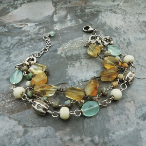 Aqua and Yellow Triple Strand Gemstone Bracelet