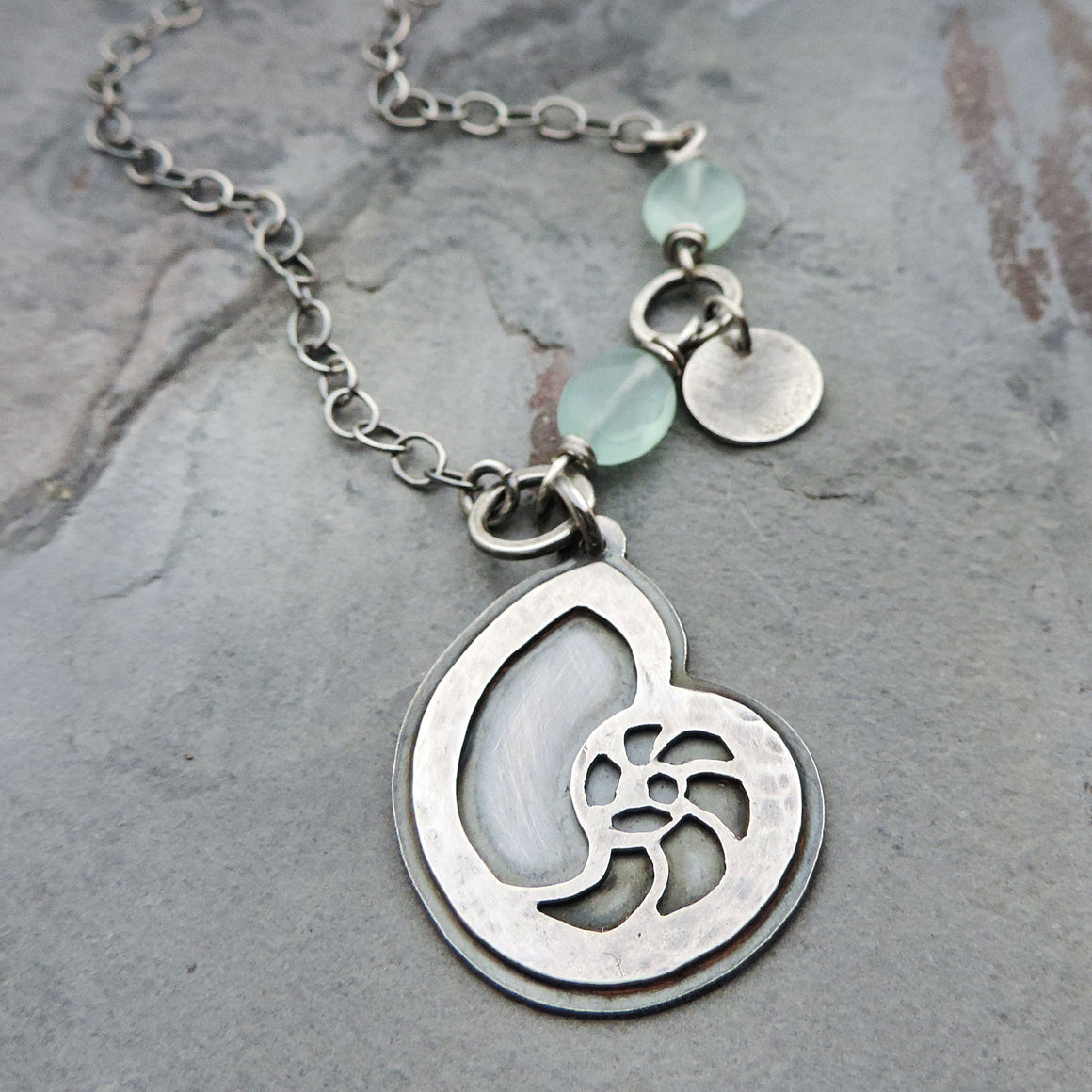 sterling silver nautilus shell aqua gemstone necklace