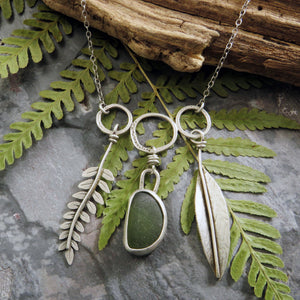 Botanical Charm Necklace with Moss Green Sea Glass II