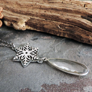 Silver Snowflake Necklace with Clear Quartz Crystal