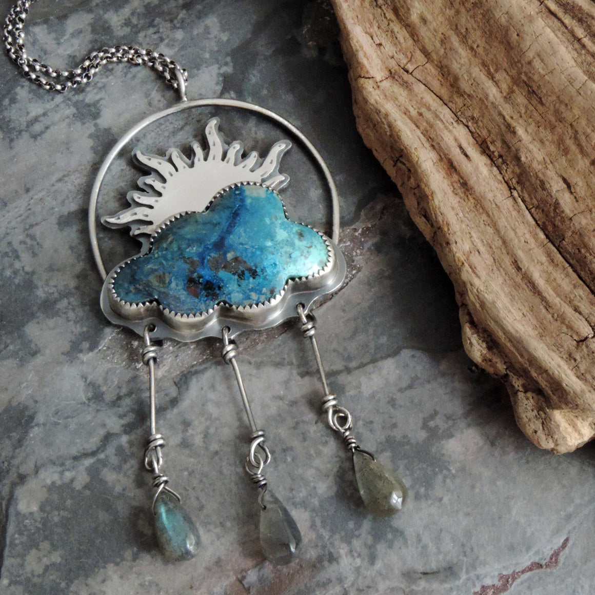 Sun, Cloud and Raindrops Shattuckite Necklace