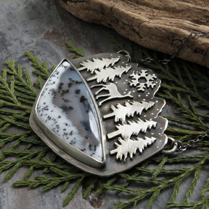 RESERVED Deer in the Snowy Mountains Dendritic Opal Necklace