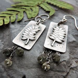 handmade botanical earrings with green beads