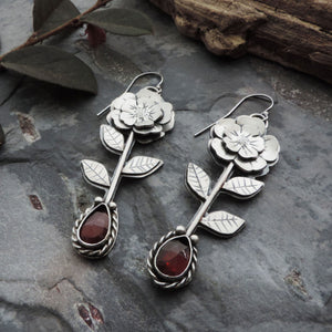 Stemmed Flower Earrings with Red Garnet Stones