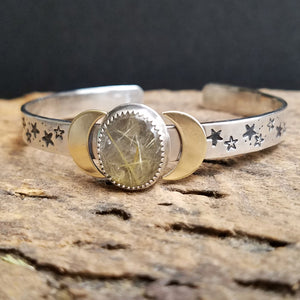 Golden Rutile Quartz Moon and Stars Cuff Bracelet