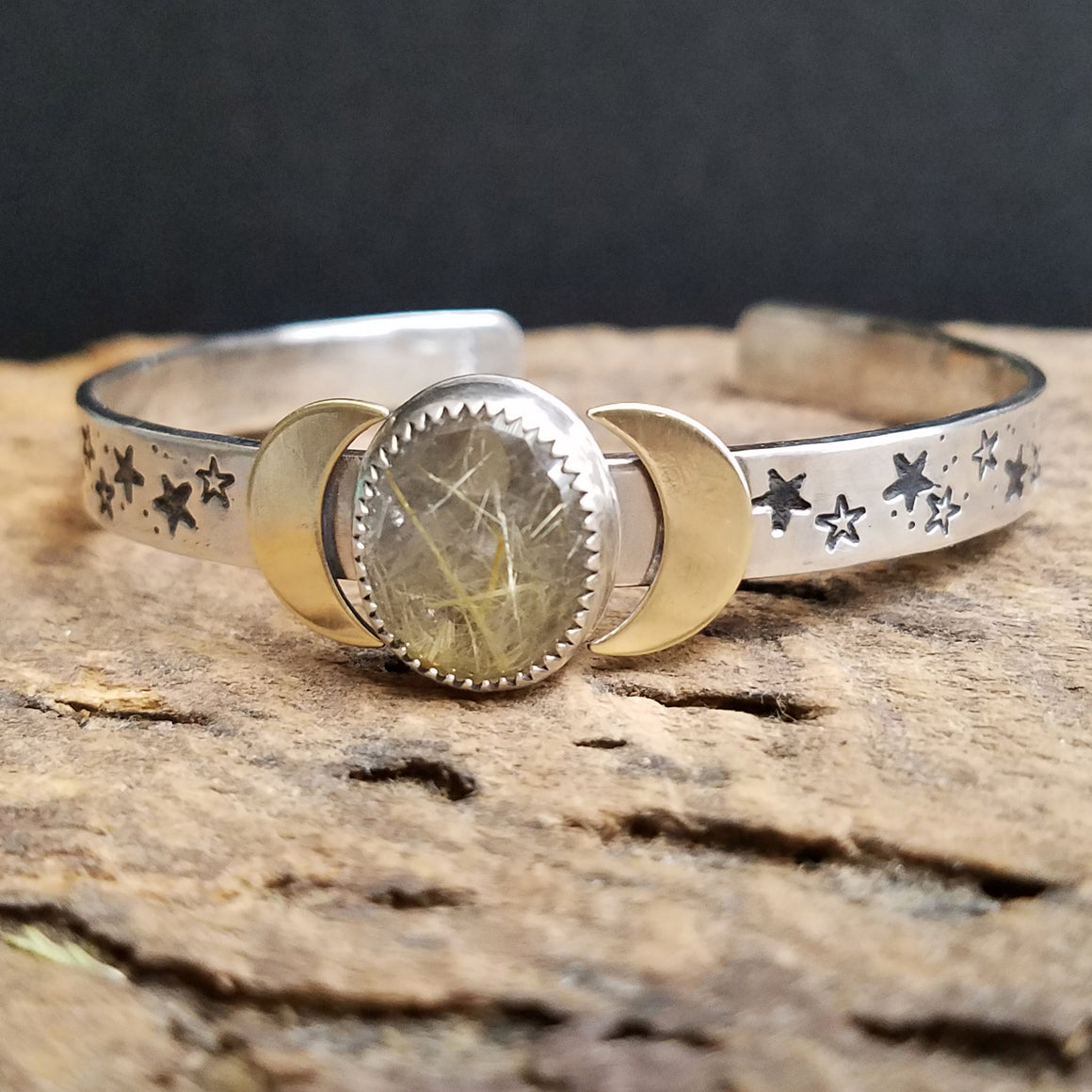 Golden Rutile Quartz Moon and Stars Cuff Bracelet