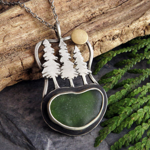 Pine Trees and Full Moon Sea Glass Necklace I