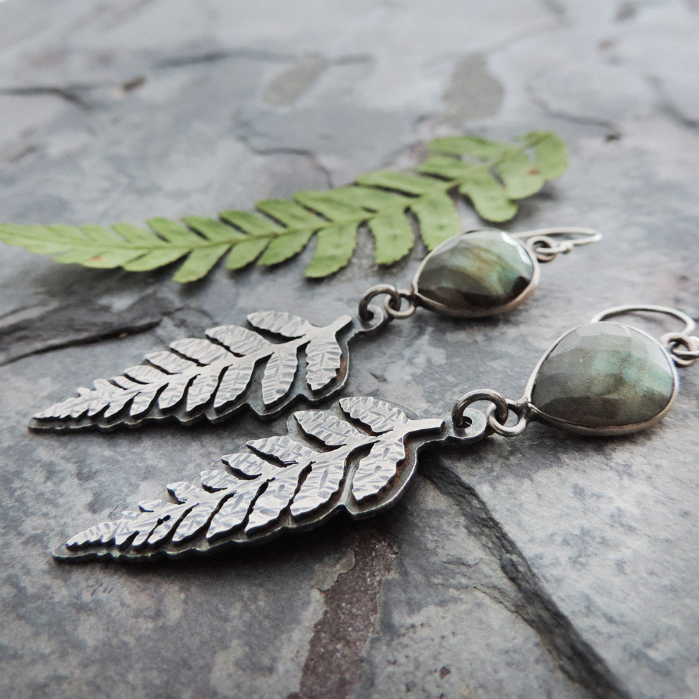 Fern Earrings with Faceted Wrapped Labradorite