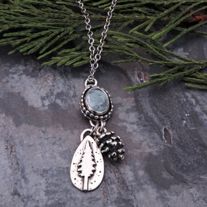 Moss Aquamarine Necklace with Pine Tree and Pine Cone