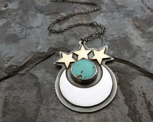 celestial crescent moon stars and turquoise necklace