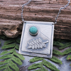 Silver Organic Botanical Imprint Fern Necklace with Turquoise Stone