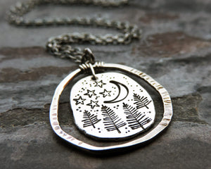 Starry Sky and Pine Trees Organic Charm Necklace