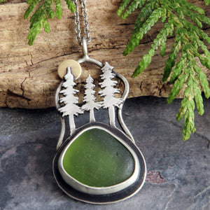 Pine Trees and Full Moon Sea Glass Necklace II