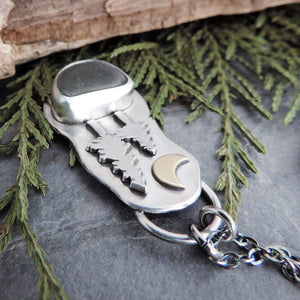 Two Pine Trees Necklace with Crescent Moon and Green Sea Glass
