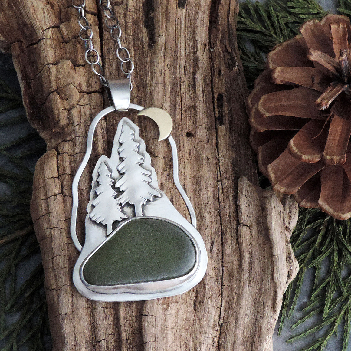 Pine Tree Necklace with Crescent Moon and Green Sea Glass