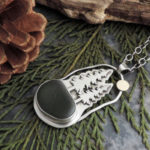 Pine Tree Necklace with Full Moon and Green Sea Glass