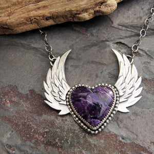 Purple Charoite Winged Heart Necklace