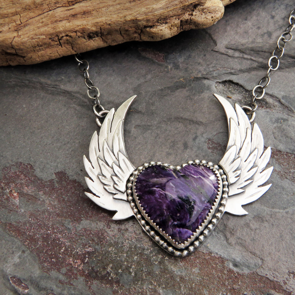Purple Charoite Winged Heart Necklace