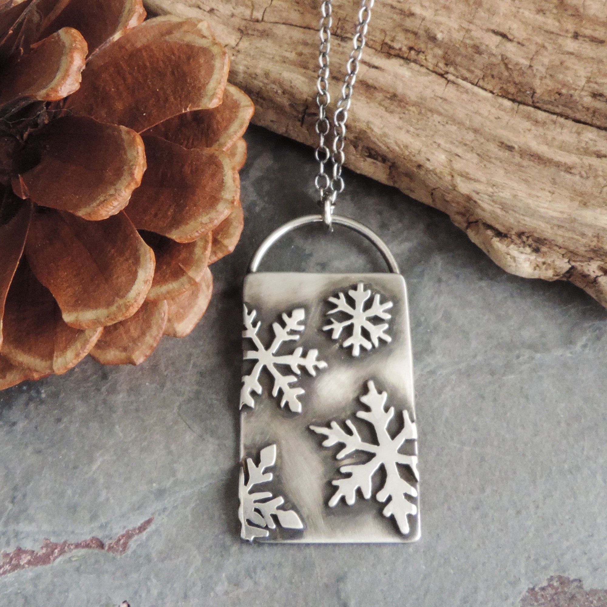 Sterling Silver Rectangle Snowflake Necklace - A Twist of Whimsy