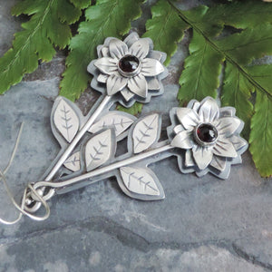 long stemmed red garnet flower earrings