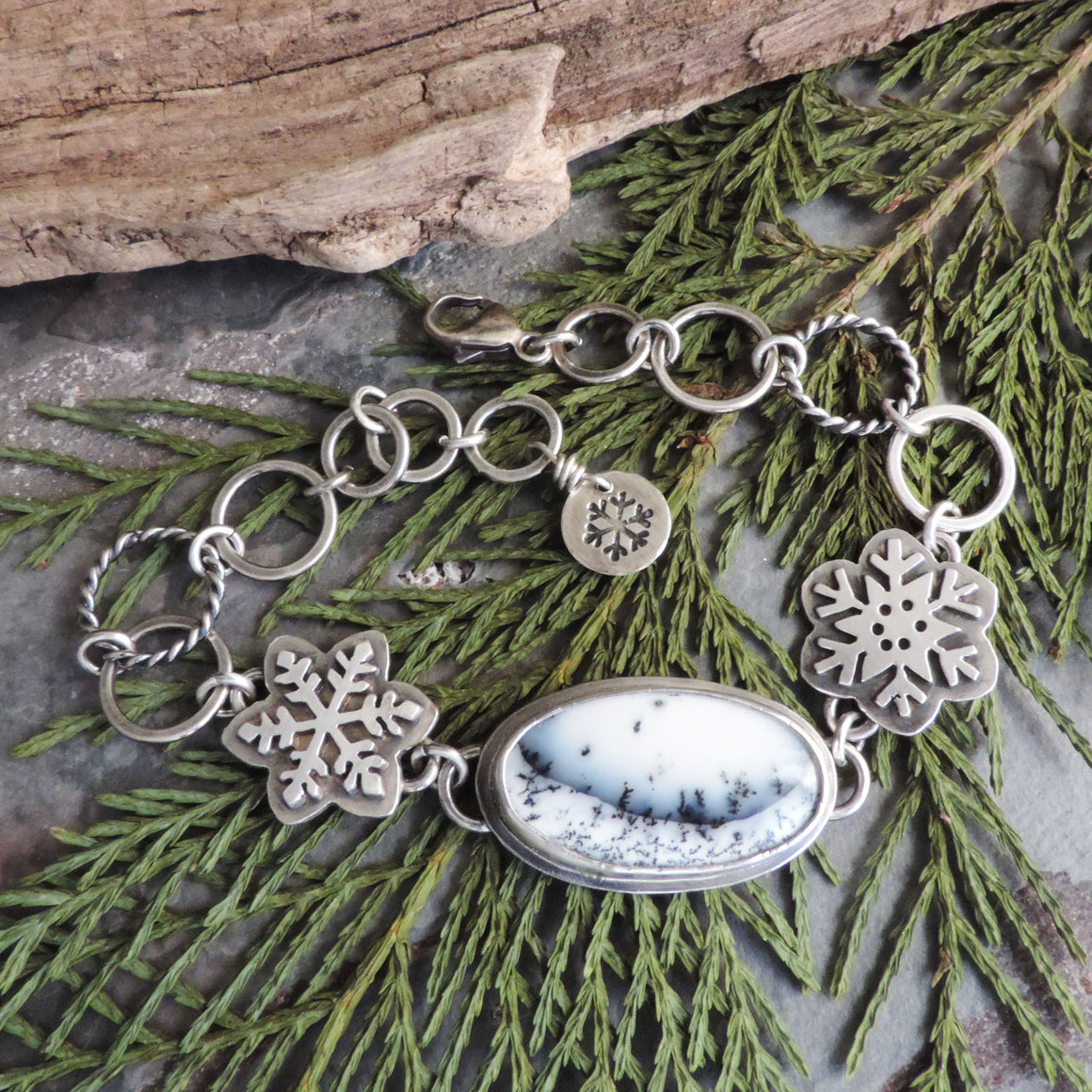 Dendritic Opal and Snowflakes Chain Link Bracelet