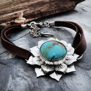 Fox Turquoise Sunflower Bracelet on Leather Band