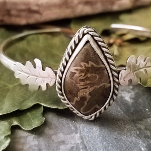 Dark Green Suture Ammonite Oak Leaf Cuff Bracelet
