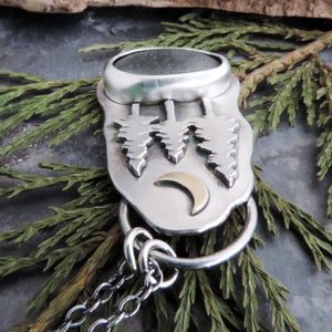 Three Pine Trees Necklace with Crescent Moon and Green Sea Glass