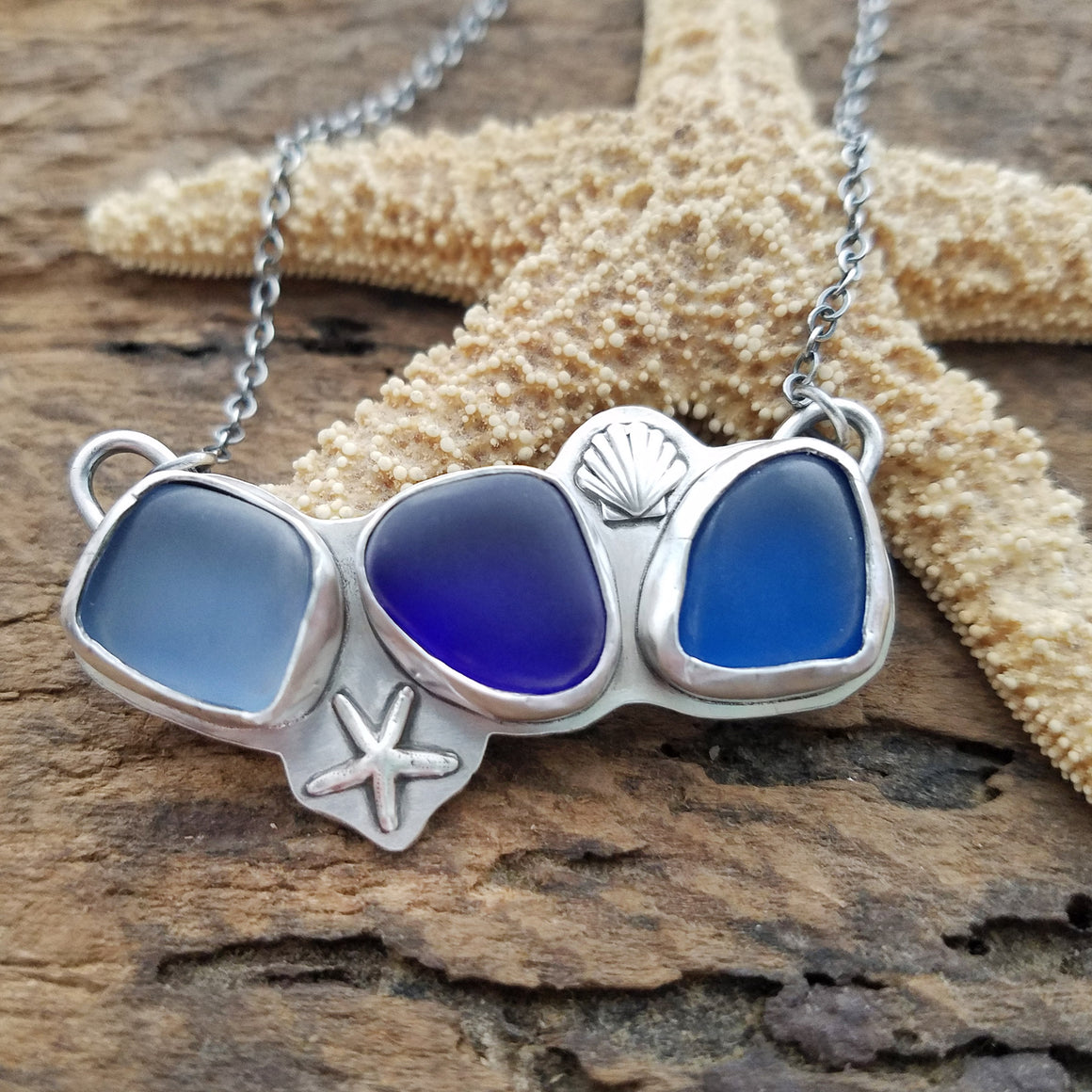Triple Sea Glass Seashell Necklace