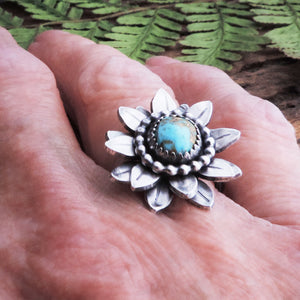 artisan turquoise flower sterling silver ring
