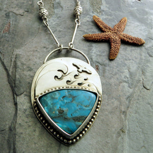 Turquoise Ocean Waves and Sea Gull Necklace