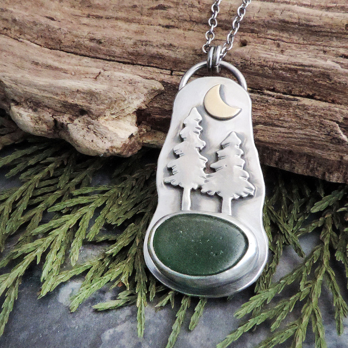 Two Pine Trees Necklace with Crescent Moon and Green Sea Glass