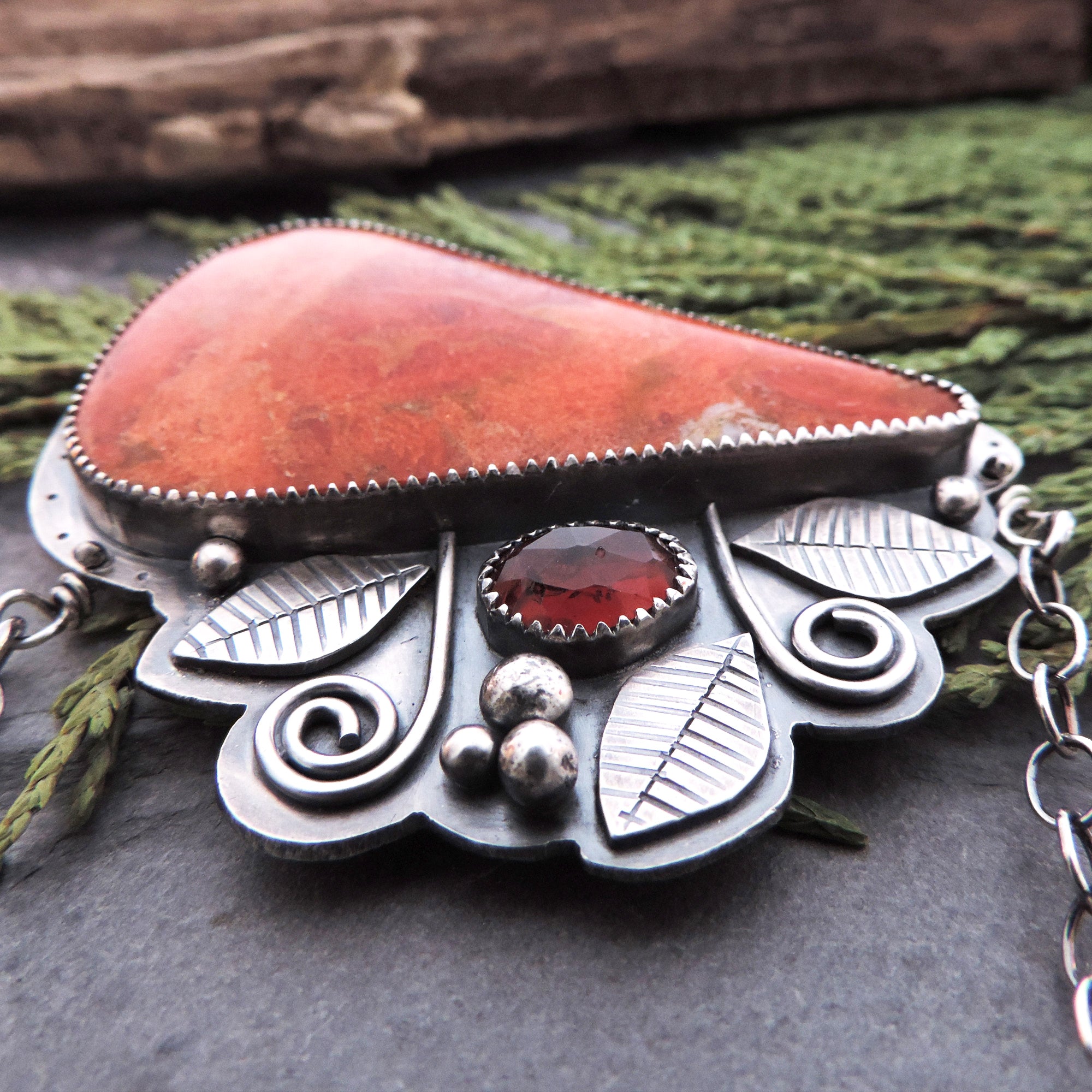 Apple Coral and Red Garnet Gemstone Statement Necklace