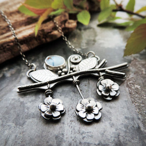 Lavender Turquoise and Three Flowers on Branch Necklace