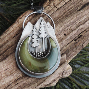 Mountain and Pine Trees Necklace with Caldera Jasper Moon