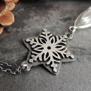 Silver Snowflake Necklace with Clear Quartz Crystal