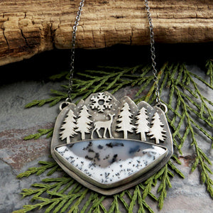 RESERVED Deer in the Snowy Mountains Dendritic Opal Necklace